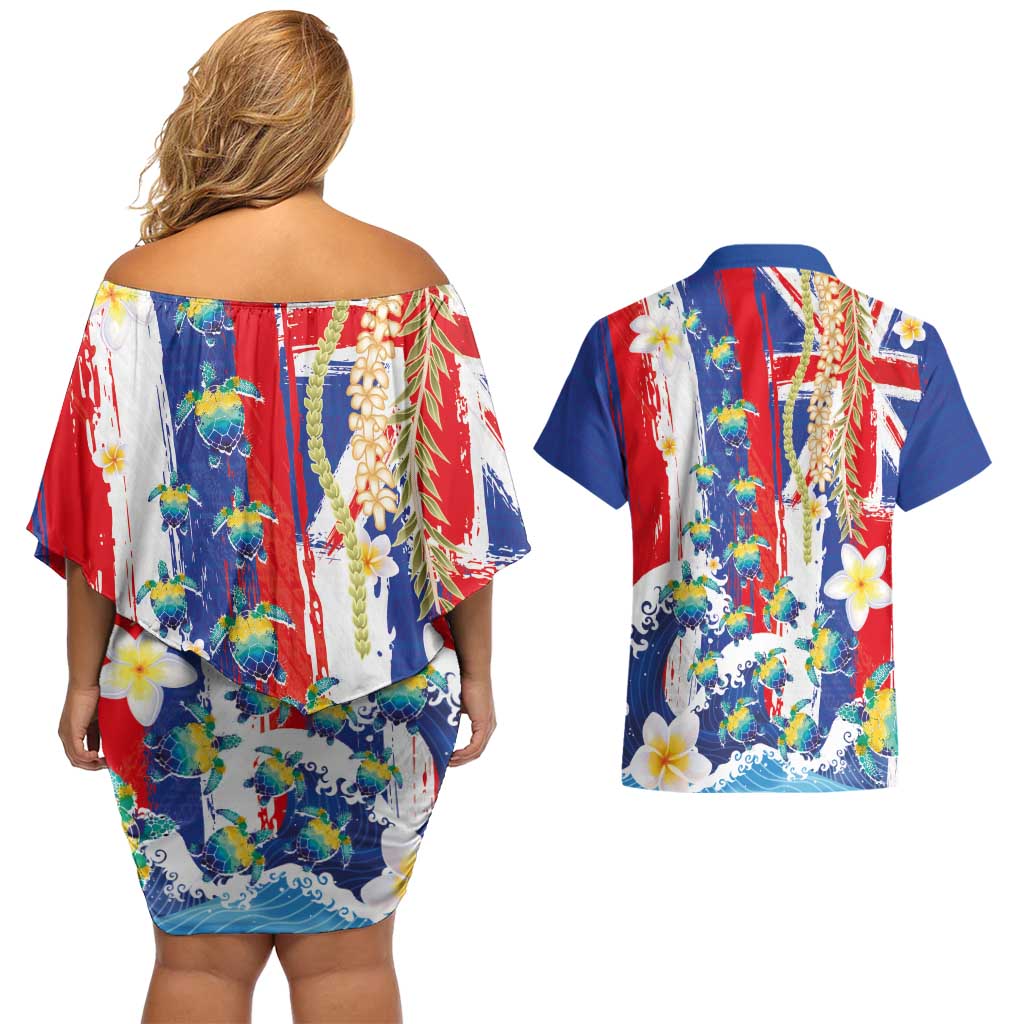 Hawaiian Sea Turtles and Plumeria Couples Matching Off Shoulder Short Dress and Hawaiian Shirt with Lei and Flag Grunge Style