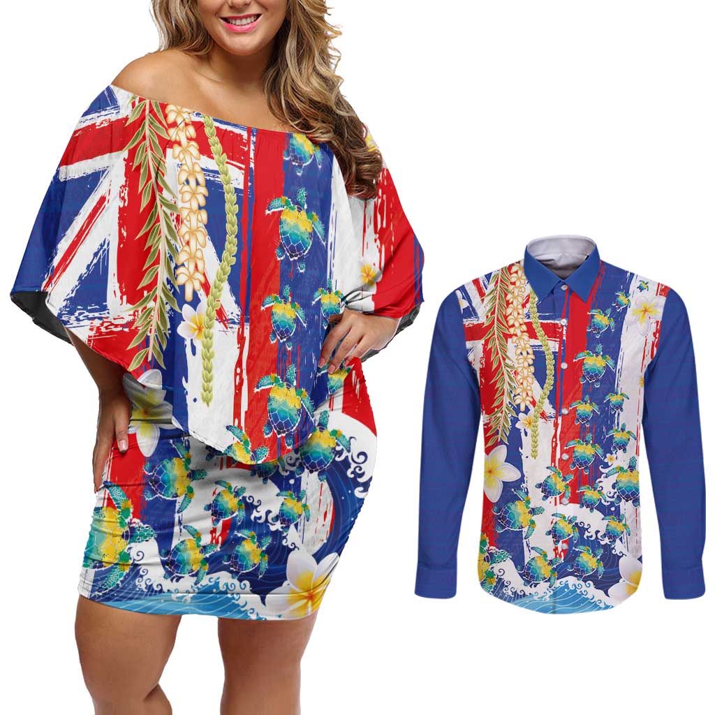 Hawaiian Sea Turtles and Plumeria Couples Matching Off Shoulder Short Dress and Long Sleeve Button Shirt with Lei and Flag Grunge Style LT03 Multicolor - Polynesian Pride