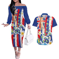 Hawaiian Sea Turtles and Plumeria Couples Matching Off The Shoulder Long Sleeve Dress and Hawaiian Shirt with Lei and Flag Grunge Style