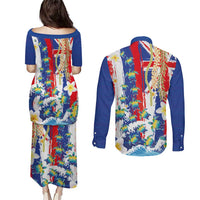 Hawaiian Sea Turtles and Plumeria Couples Matching Puletasi and Long Sleeve Button Shirt with Lei and Flag Grunge Style