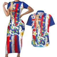 Hawaiian Sea Turtles and Plumeria Couples Matching Short Sleeve Bodycon Dress and Hawaiian Shirt with Lei and Flag Grunge Style