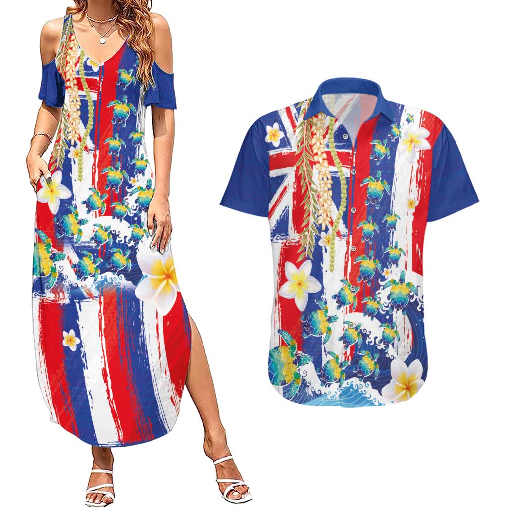 Hawaiian Sea Turtles and Plumeria Couples Matching Summer Maxi Dress and Hawaiian Shirt with Lei and Flag Grunge Style
