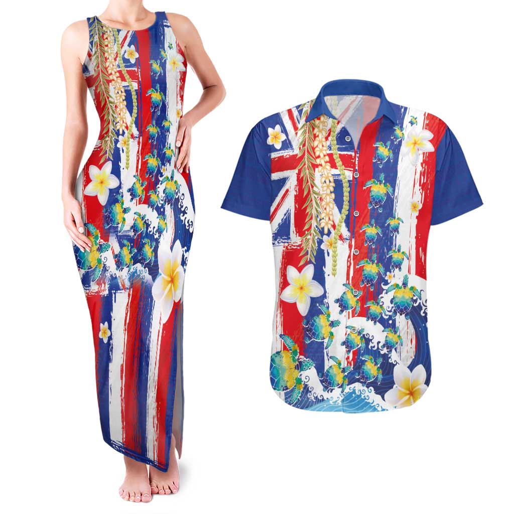 Hawaiian Sea Turtles and Plumeria Couples Matching Tank Maxi Dress and Hawaiian Shirt with Lei and Flag Grunge Style