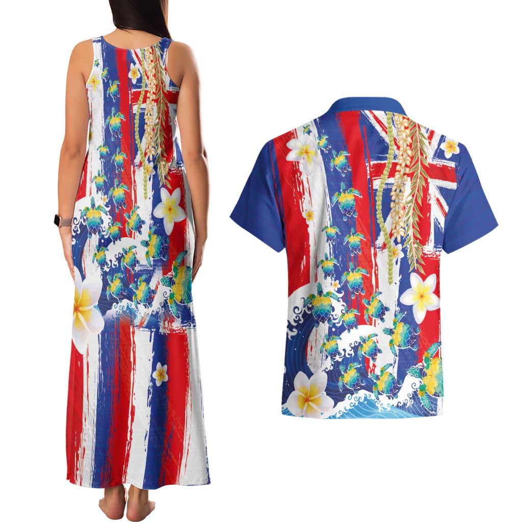 Hawaiian Sea Turtles and Plumeria Couples Matching Tank Maxi Dress and Hawaiian Shirt with Lei and Flag Grunge Style
