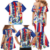 Hawaiian Sea Turtles and Plumeria Family Matching Mermaid Dress and Hawaiian Shirt with Lei and Flag Grunge Style