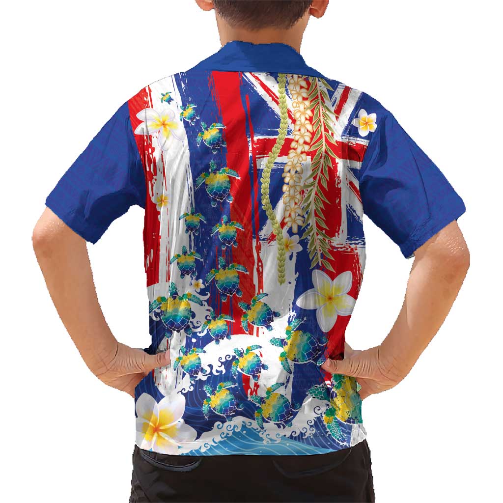 Hawaiian Sea Turtles and Plumeria Family Matching Off The Shoulder Long Sleeve Dress and Hawaiian Shirt with Lei and Flag Grunge Style