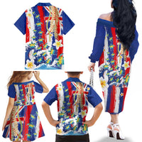 Hawaiian Sea Turtles and Plumeria Family Matching Off The Shoulder Long Sleeve Dress and Hawaiian Shirt with Lei and Flag Grunge Style