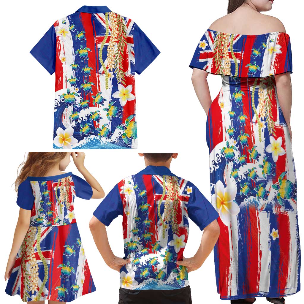 Hawaiian Sea Turtles and Plumeria Family Matching Off Shoulder Maxi Dress and Hawaiian Shirt with Lei and Flag Grunge Style