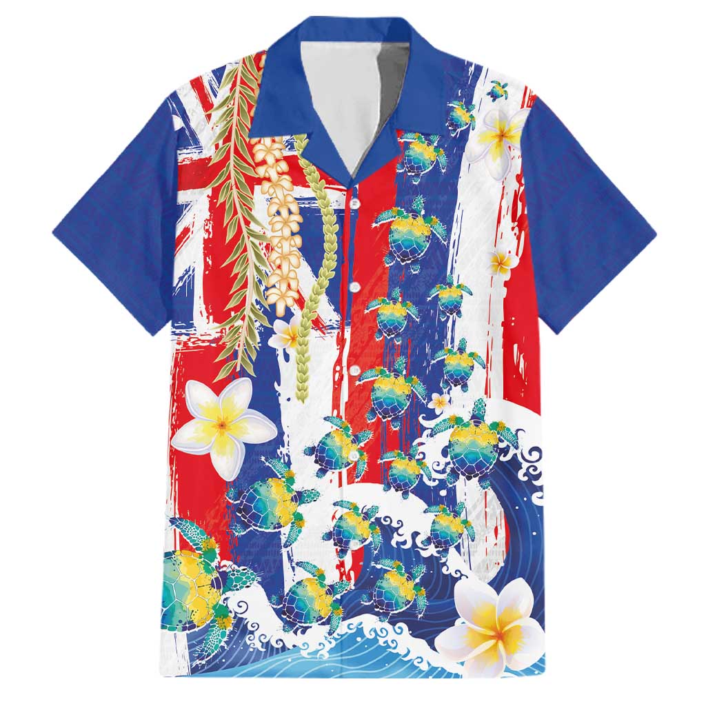 Hawaiian Sea Turtles and Plumeria Family Matching Off Shoulder Maxi Dress and Hawaiian Shirt with Lei and Flag Grunge Style