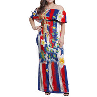 Hawaiian Sea Turtles and Plumeria Family Matching Off Shoulder Maxi Dress and Hawaiian Shirt with Lei and Flag Grunge Style