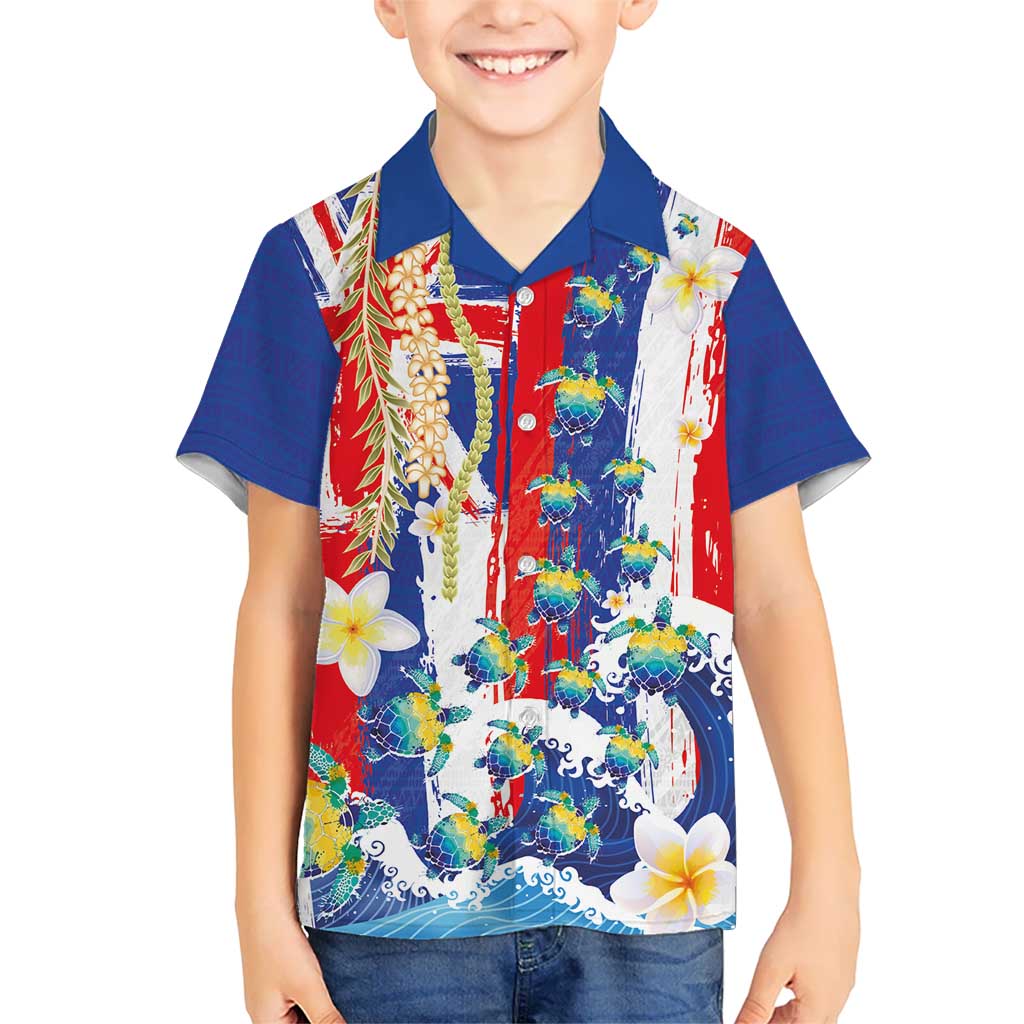 Hawaiian Sea Turtles and Plumeria Family Matching Off Shoulder Maxi Dress and Hawaiian Shirt with Lei and Flag Grunge Style