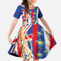 Hawaiian Sea Turtles and Plumeria Family Matching Off Shoulder Short Dress and Hawaiian Shirt with Lei and Flag Grunge Style
