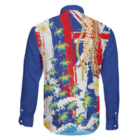 Hawaiian Sea Turtles and Plumeria Family Matching Off Shoulder Short Dress and Hawaiian Shirt with Lei and Flag Grunge Style