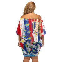 Hawaiian Sea Turtles and Plumeria Family Matching Off Shoulder Short Dress and Hawaiian Shirt with Lei and Flag Grunge Style