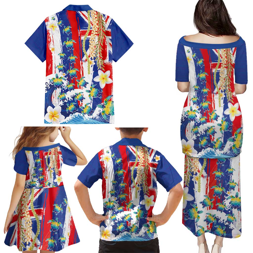 Hawaiian Sea Turtles and Plumeria Family Matching Puletasi and Hawaiian Shirt with Lei and Flag Grunge Style