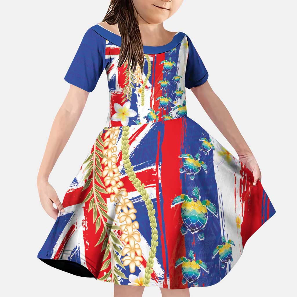 Hawaiian Sea Turtles and Plumeria Family Matching Summer Maxi Dress and Hawaiian Shirt with Lei and Flag Grunge Style