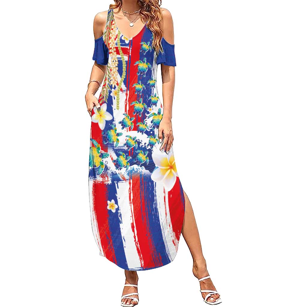 Hawaiian Sea Turtles and Plumeria Family Matching Summer Maxi Dress and Hawaiian Shirt with Lei and Flag Grunge Style