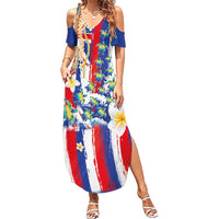Hawaiian Sea Turtles and Plumeria Family Matching Summer Maxi Dress and Hawaiian Shirt with Lei and Flag Grunge Style