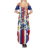 Hawaiian Sea Turtles and Plumeria Family Matching Summer Maxi Dress and Hawaiian Shirt with Lei and Flag Grunge Style