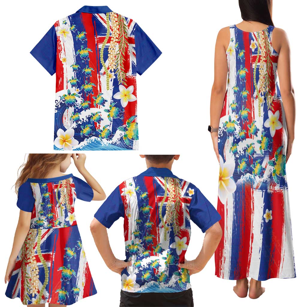Hawaiian Sea Turtles and Plumeria Family Matching Tank Maxi Dress and Hawaiian Shirt with Lei and Flag Grunge Style