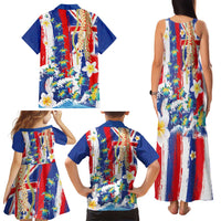 Hawaiian Sea Turtles and Plumeria Family Matching Tank Maxi Dress and Hawaiian Shirt with Lei and Flag Grunge Style