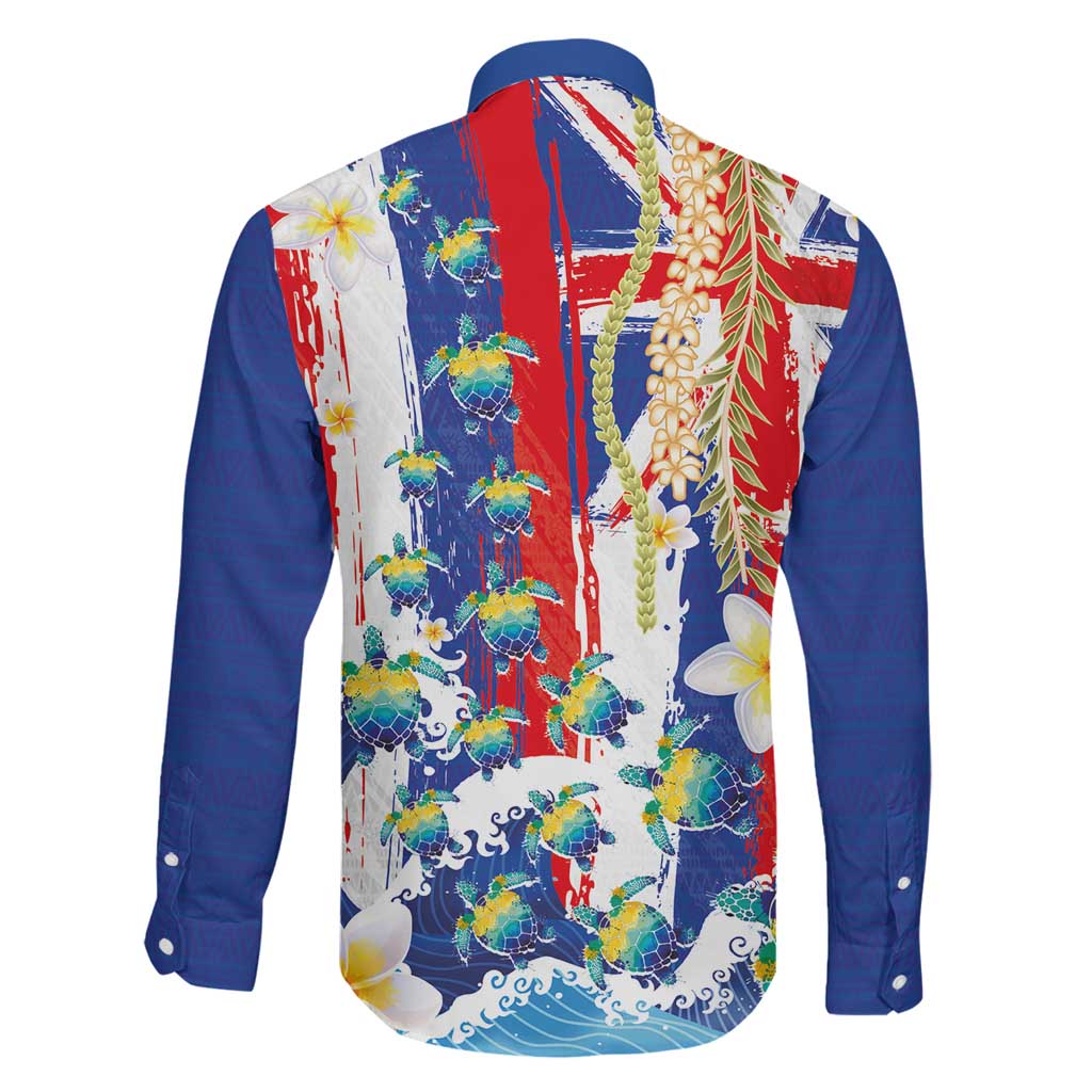 Hawaiian Sea Turtles and Plumeria Family Matching Tank Maxi Dress and Hawaiian Shirt with Lei and Flag Grunge Style