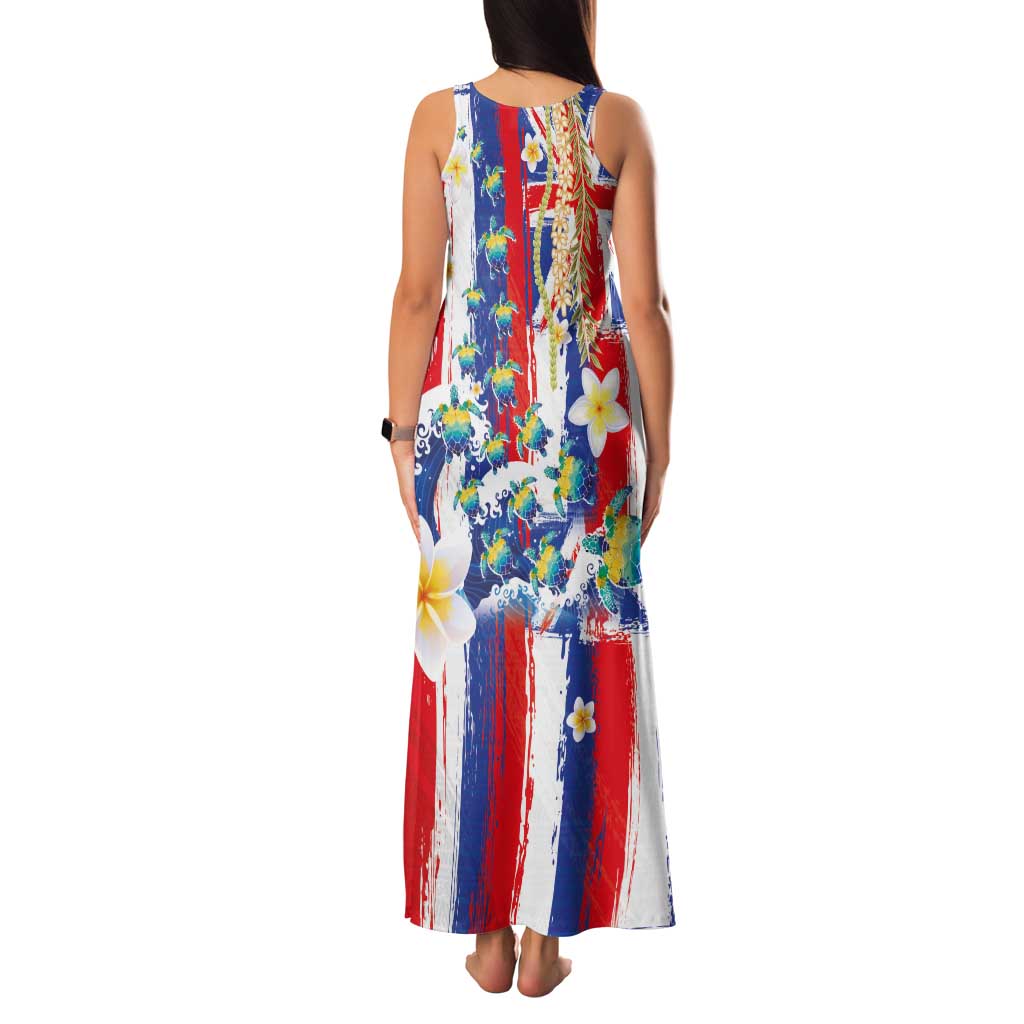 Hawaiian Sea Turtles and Plumeria Family Matching Tank Maxi Dress and Hawaiian Shirt with Lei and Flag Grunge Style