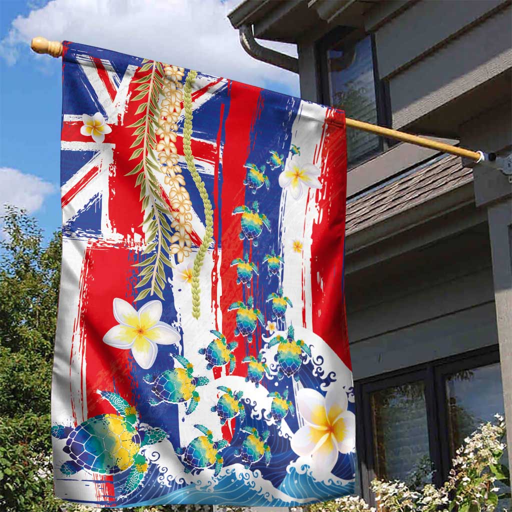 Hawaiian Sea Turtles and Plumeria Garden Flag with Lei and Flag Grunge Style LT03 - Polynesian Pride