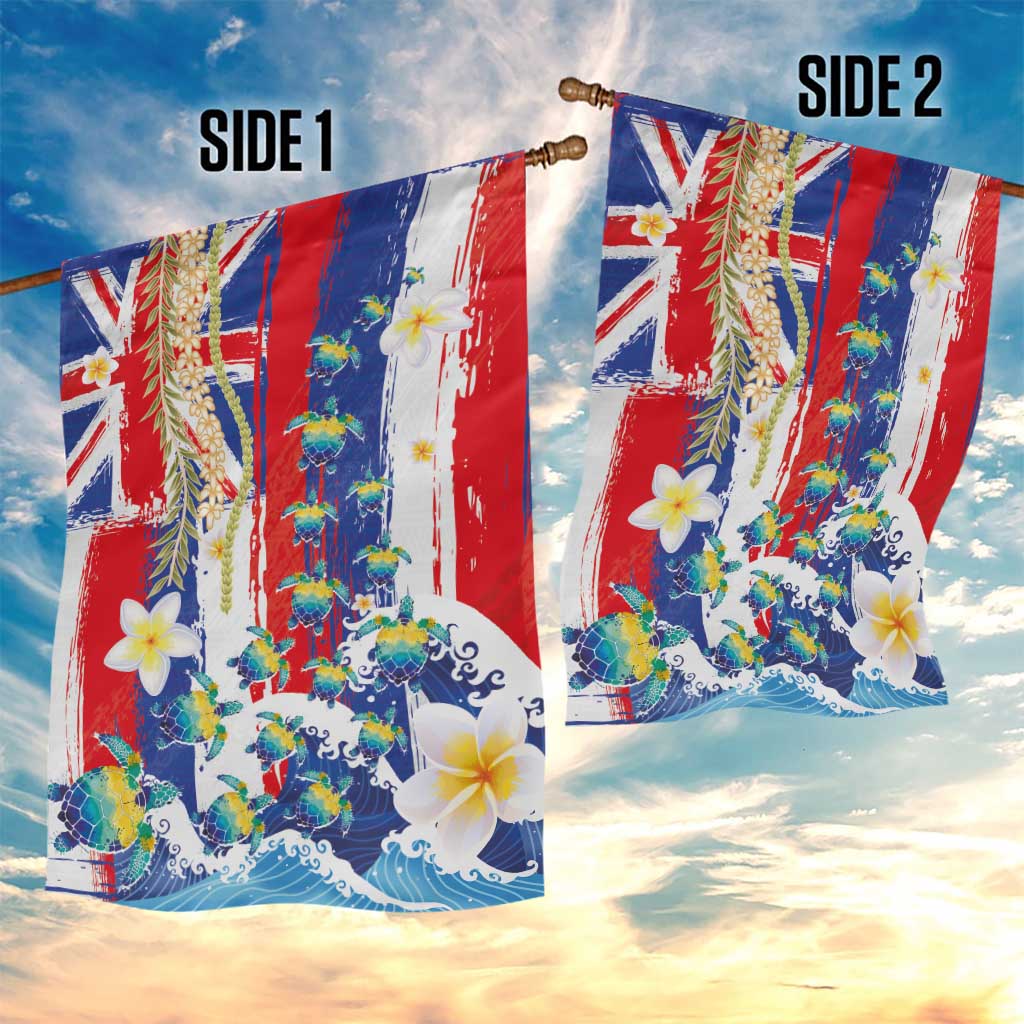 Hawaiian Sea Turtles and Plumeria Garden Flag with Lei and Flag Grunge Style LT03 - Polynesian Pride