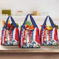 Hawaiian Sea Turtles and Plumeria Grocery Bag with Lei and Flag Grunge Style