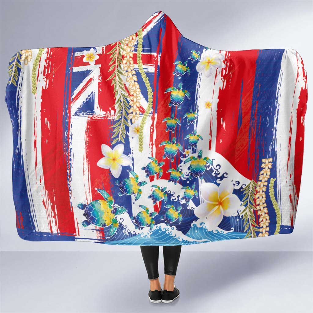 Hawaiian Sea Turtles and Plumeria Hooded Blanket with Lei and Flag Grunge Style LT03 One Size Multicolor - Polynesian Pride
