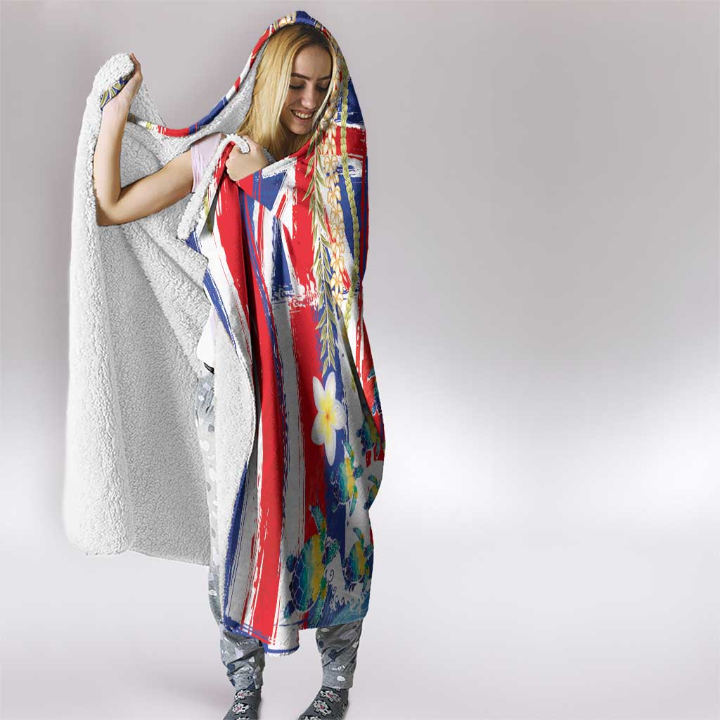 Hawaiian Sea Turtles and Plumeria Hooded Blanket with Lei and Flag Grunge Style LT03 - Polynesian Pride