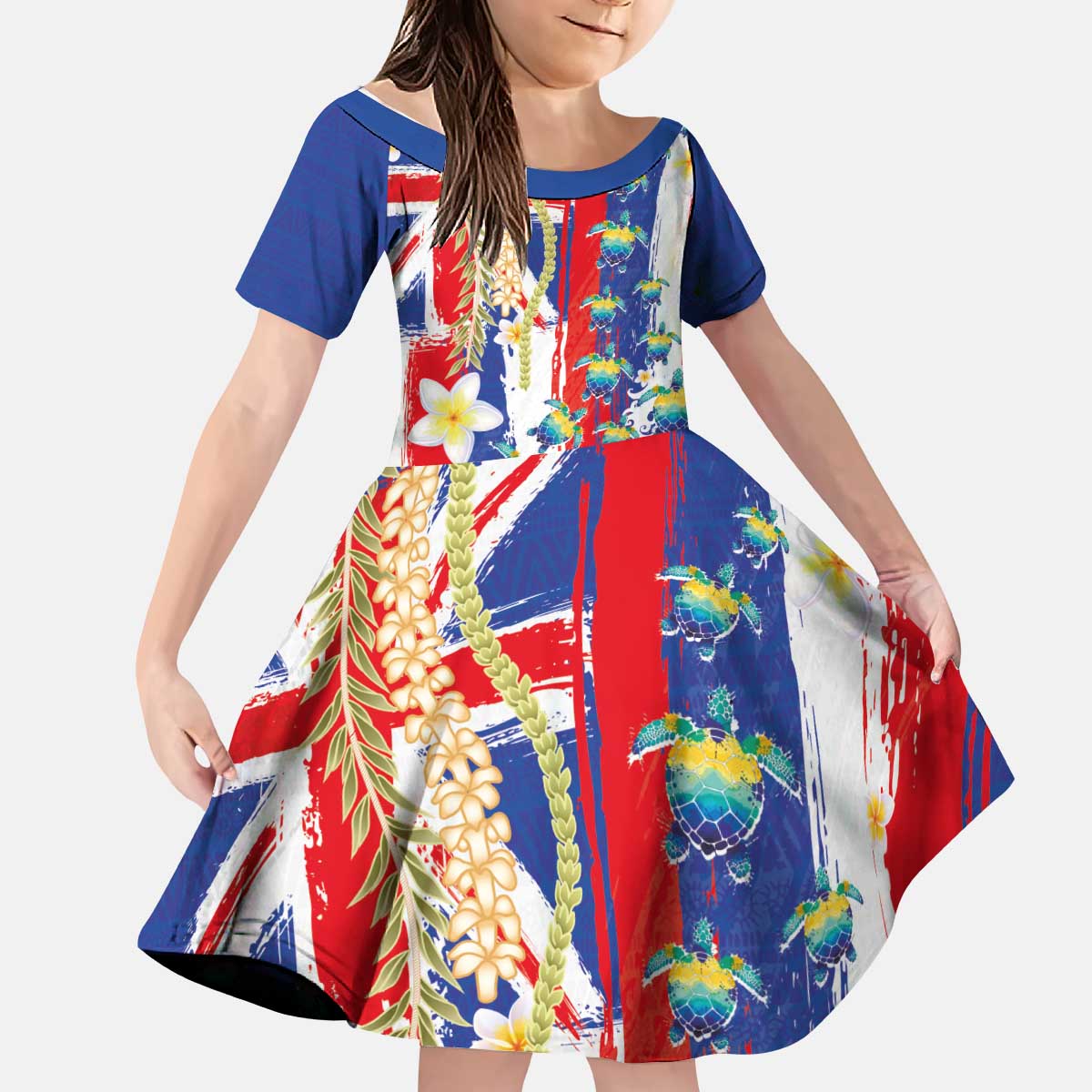 Hawaiian Sea Turtles and Plumeria Kid Short Sleeve Dress with Lei and Flag Grunge Style LT03 KID Multicolor - Polynesian Pride