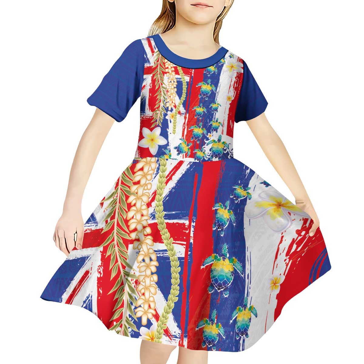 Hawaiian Sea Turtles and Plumeria Kid Short Sleeve Dress with Lei and Flag Grunge Style