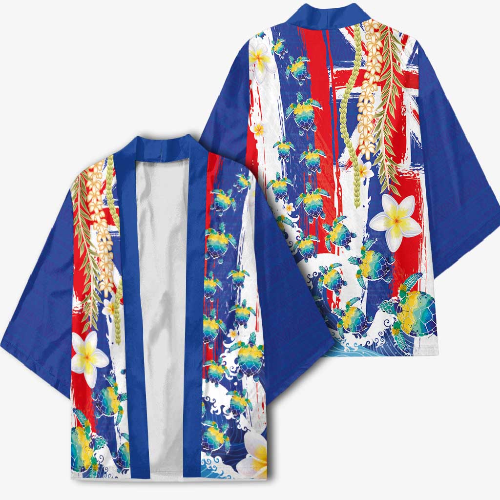 Hawaiian Sea Turtles and Plumeria Kimono with Lei and Flag Grunge Style LT03 - Polynesian Pride