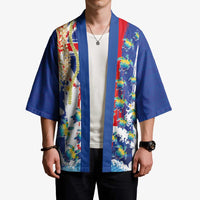 Hawaiian Sea Turtles and Plumeria Kimono with Lei and Flag Grunge Style LT03 - Polynesian Pride