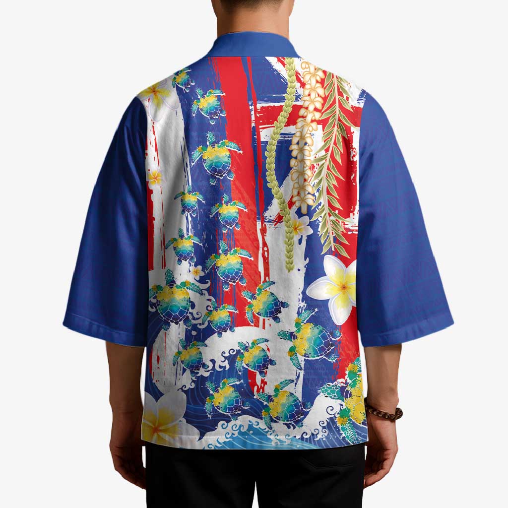 Hawaiian Sea Turtles and Plumeria Kimono with Lei and Flag Grunge Style LT03 - Polynesian Pride
