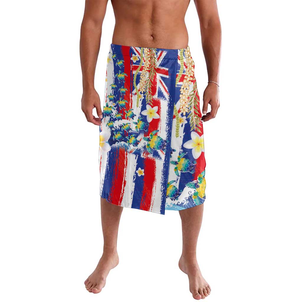Hawaiian Sea Turtles and Plumeria Lavalava with Lei and Flag Grunge Style LT03 Multicolor - Polynesian Pride