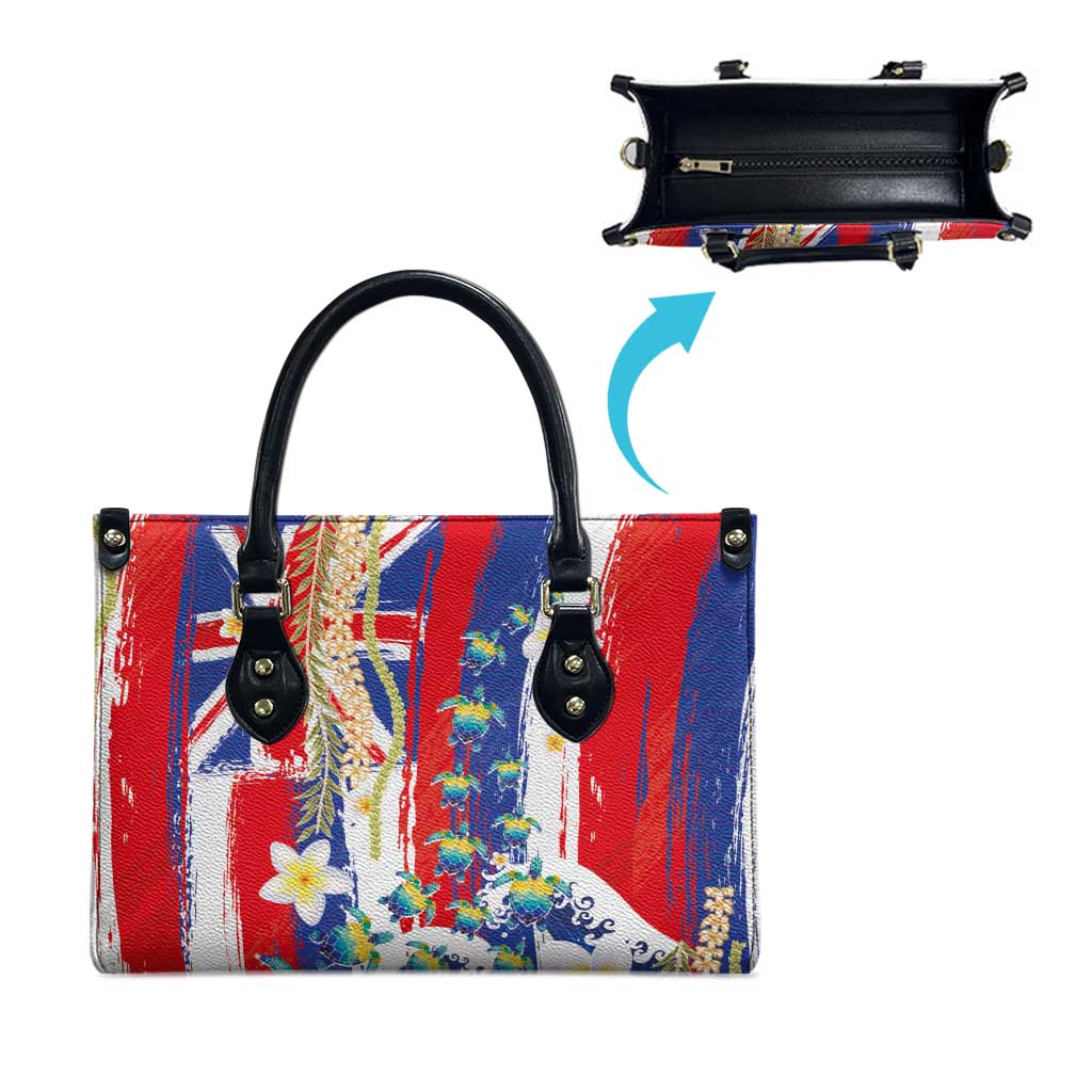 Hawaiian Sea Turtles and Plumeria Leather Bag with Lei and Flag Grunge Style LT03 - Polynesian Pride