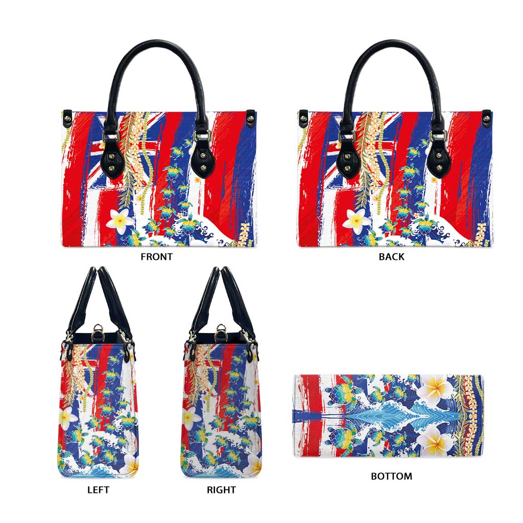 Hawaiian Sea Turtles and Plumeria Leather Bag with Lei and Flag Grunge Style LT03 - Polynesian Pride