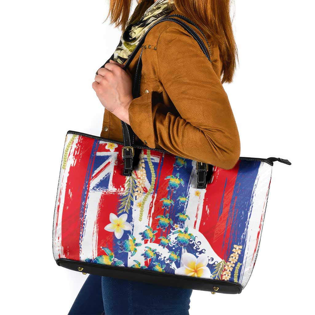 Hawaiian Sea Turtles and Plumeria Leather Tote Bag with Lei and Flag Grunge Style LT03 Multicolor - Polynesian Pride