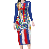 Hawaiian Sea Turtles and Plumeria Long Sleeve Bodycon Dress with Lei and Flag Grunge Style