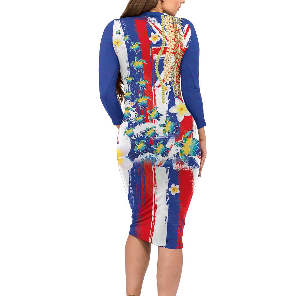 Hawaiian Sea Turtles and Plumeria Long Sleeve Bodycon Dress with Lei and Flag Grunge Style