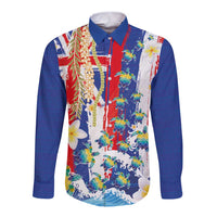 Hawaiian Sea Turtles and Plumeria Long Sleeve Button Shirt with Lei and Flag Grunge Style LT03 Unisex Multicolor - Polynesian Pride