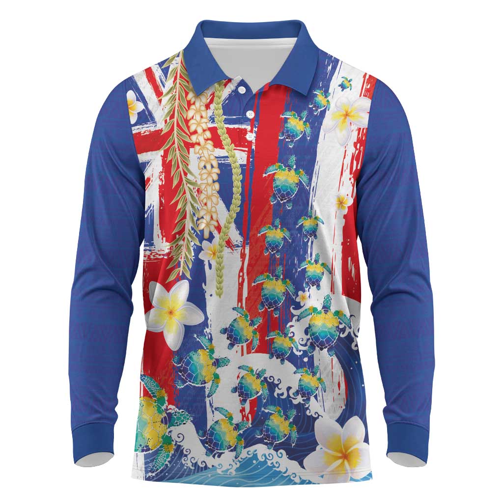 Hawaiian Sea Turtles and Plumeria Long Sleeve Polo Shirt with Lei and Flag Grunge Style LT03 Multicolor - Polynesian Pride
