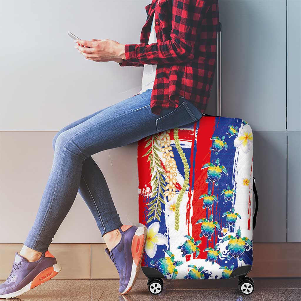 Hawaiian Sea Turtles and Plumeria Luggage Cover with Lei and Flag Grunge Style