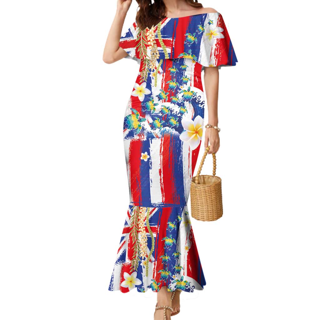 Hawaiian Sea Turtles and Plumeria Mermaid Dress with Lei and Flag Grunge Style LT03 Women Multicolor - Polynesian Pride