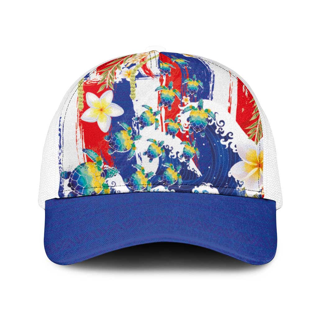 Hawaiian Sea Turtles and Plumeria Mesh Trucker Cap with Lei and Flag Grunge Style