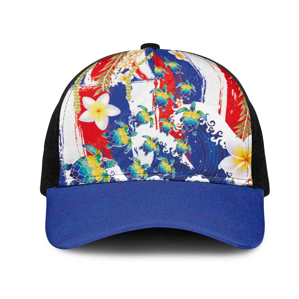 Hawaiian Sea Turtles and Plumeria Mesh Trucker Cap with Lei and Flag Grunge Style LT03 One Size Black Multicolor - Polynesian Pride
