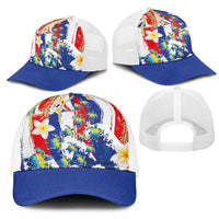 Hawaiian Sea Turtles and Plumeria Mesh Trucker Cap with Lei and Flag Grunge Style LT03 - Polynesian Pride